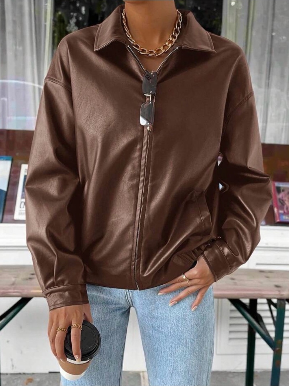 size small brown faux leather jacket
